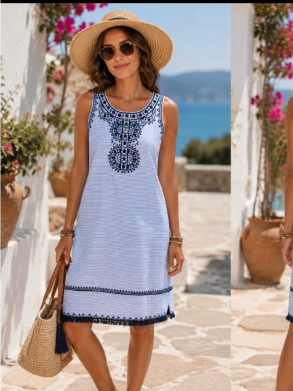 Vineyard Vines Blue White Stripe Fringe Embroidered Nautical  Fringe Dress 16